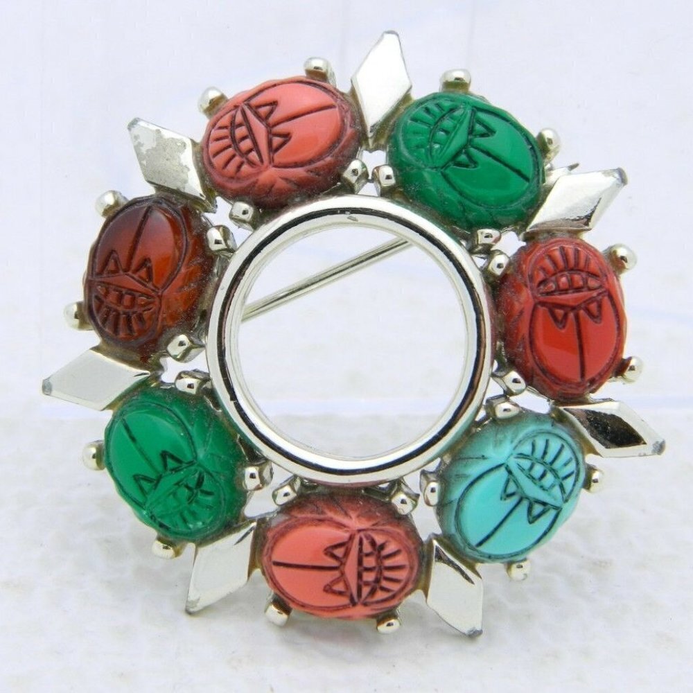 Gold Tone Multi Color Plastic Cabochon Scarab